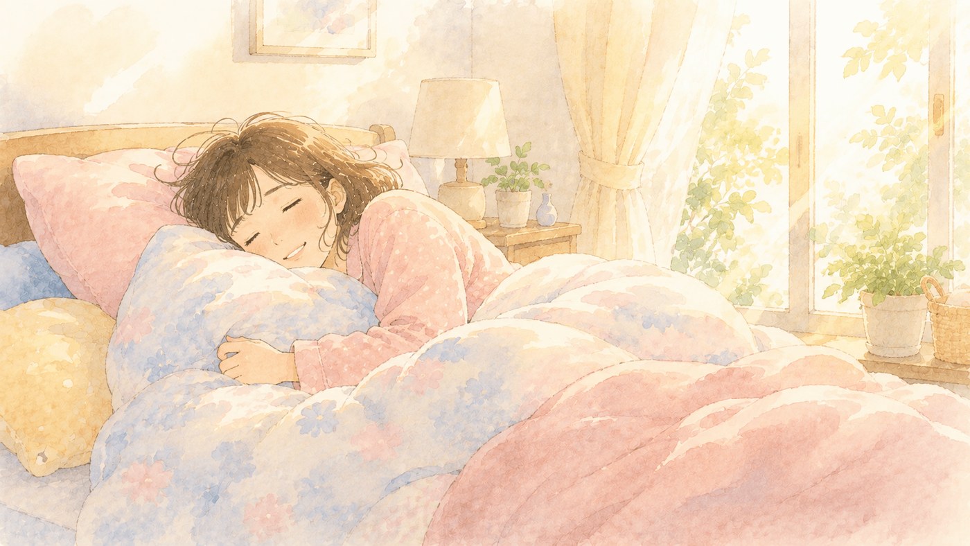休みの日の朝、明るい寝室で布団にくるまって幸せそうに眠っている女性のイラスト