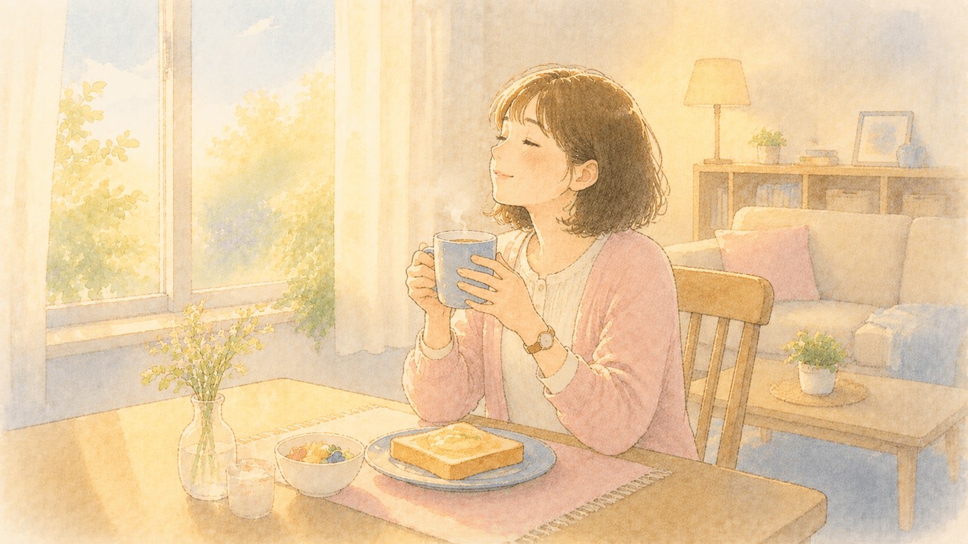 家族が起きてくる前の静かな朝、身支度を済ませてひとりで朝食をとる女性のイラスト