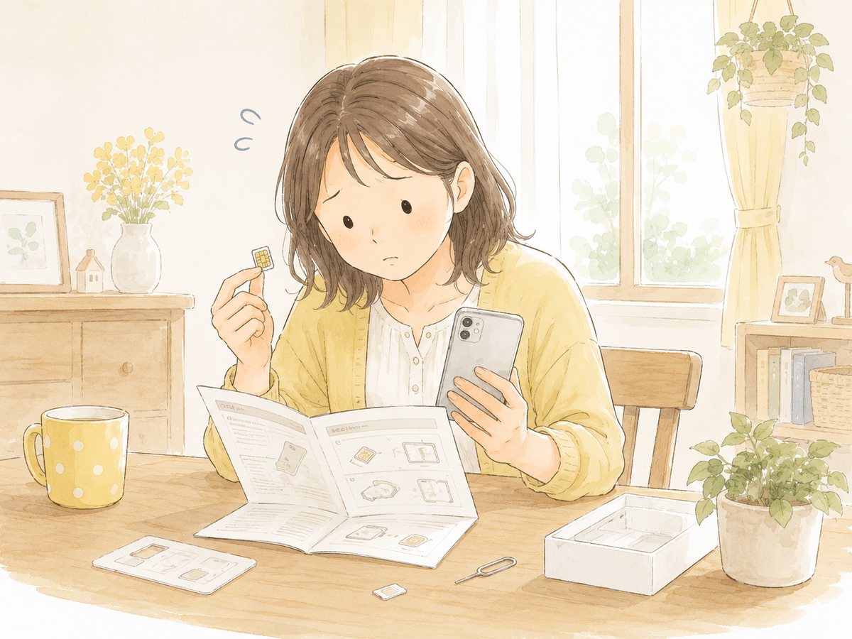 説明書を見ながらSIMカードとスマートフォンを手に設定しようとしている女性
