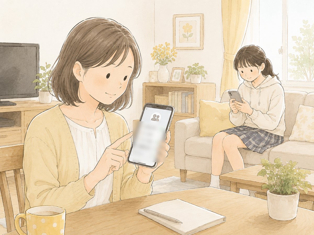 リビングでスマートフォンの設定画面を操作する母親と、ソファでスマホを見る子ども