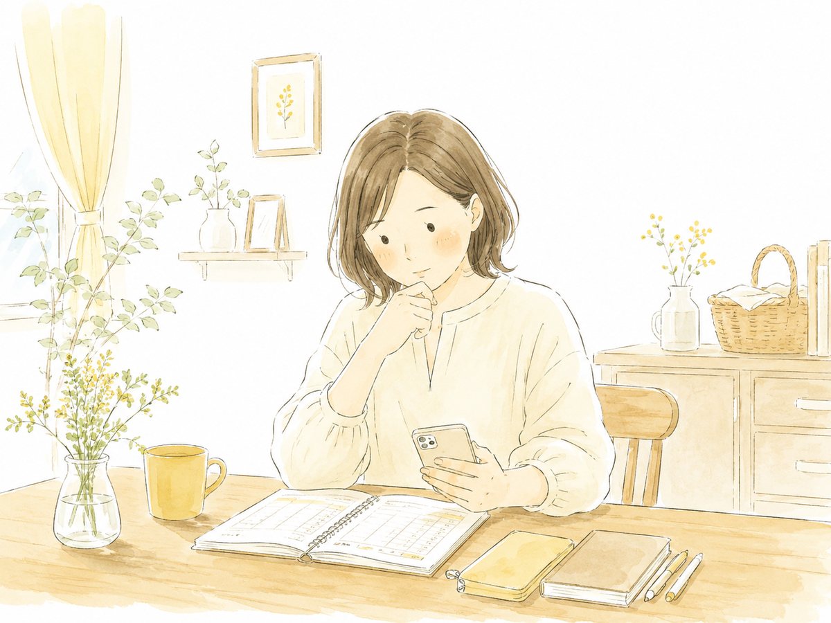 家計簿とスマートフォンを見比べて考えこむ40代の女性