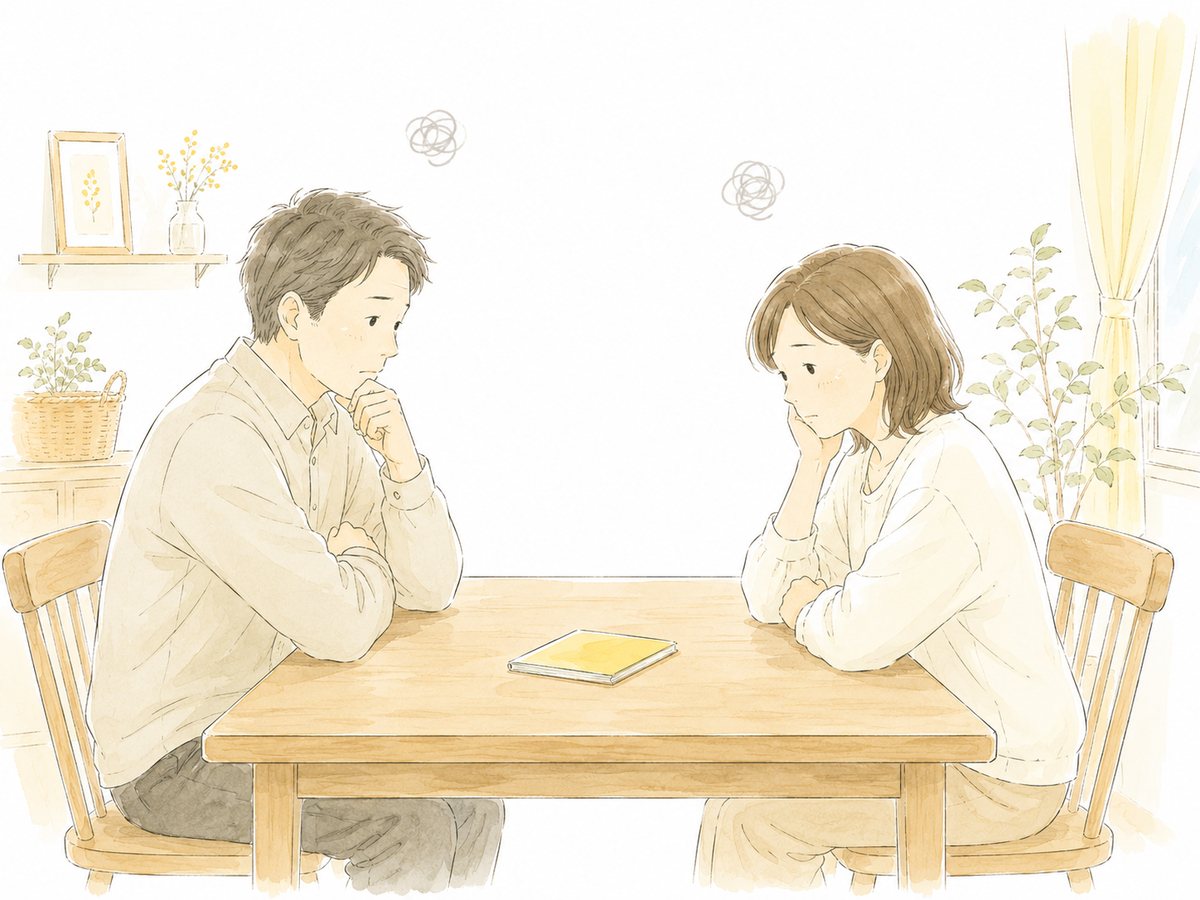 ダイニングテーブルをはさんでお金のことを話し合う夫婦
