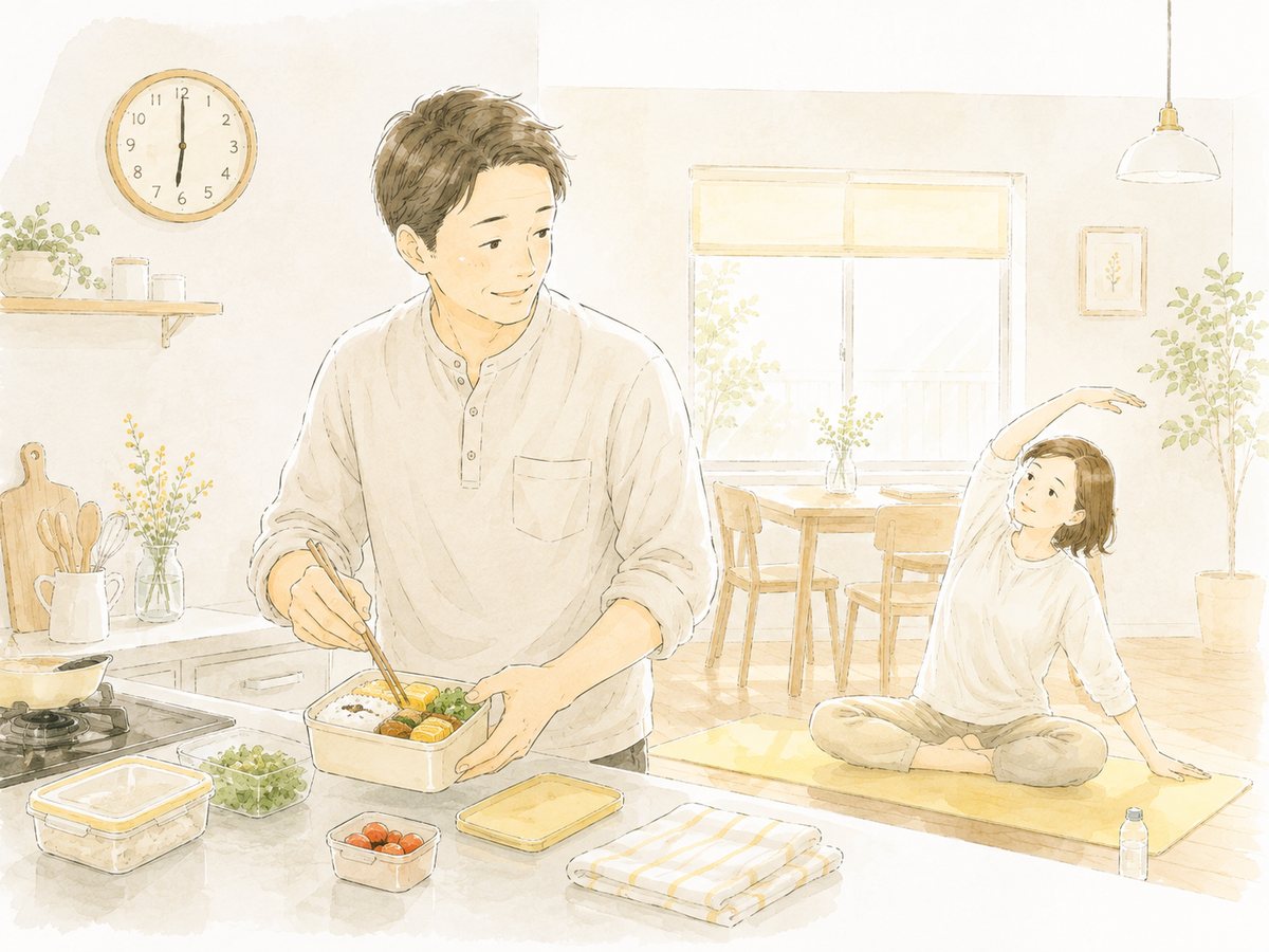 朝のキッチンで自分のお弁当を詰める夫と、それを見ている妻