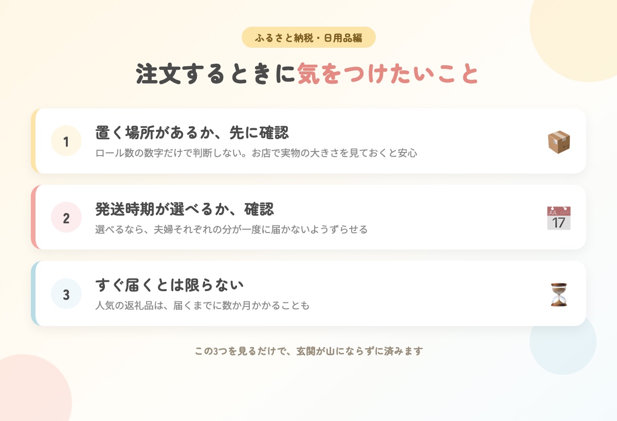 ふるさと納税で日用品を注文するときの3つの注意点。置く場所の確認、発送時期が選べるか、すぐ届くとは限らない