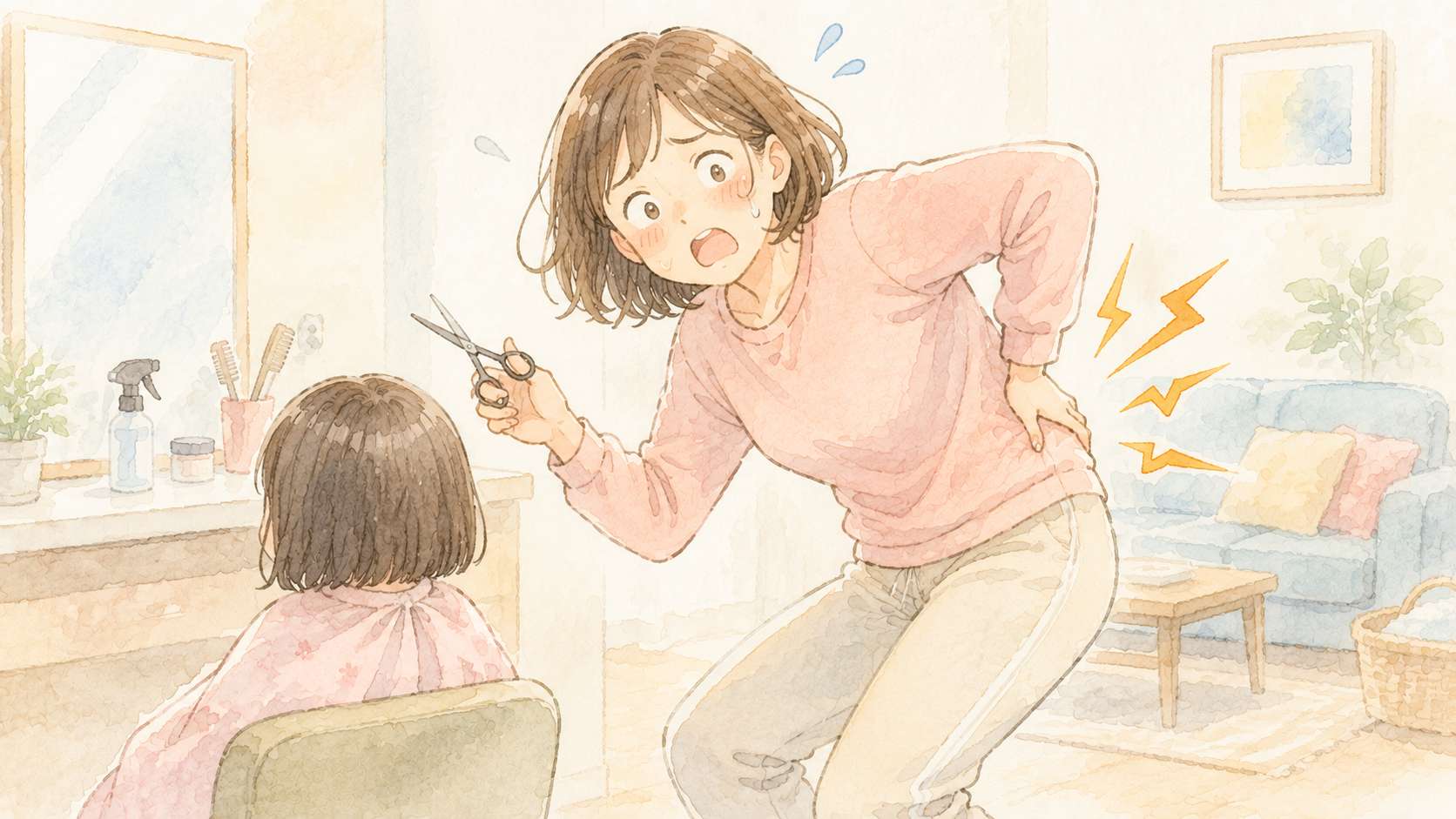 子どもの前髪を切っている途中でぎっくり腰になる瞬間のイラスト