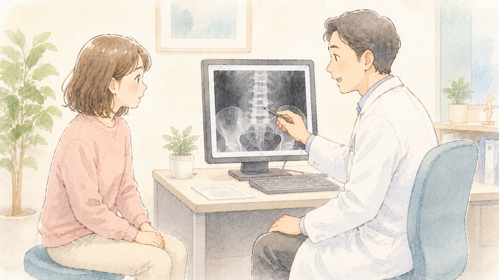整形外科でレントゲンを見ながら医師の説明を受ける様子のイラスト