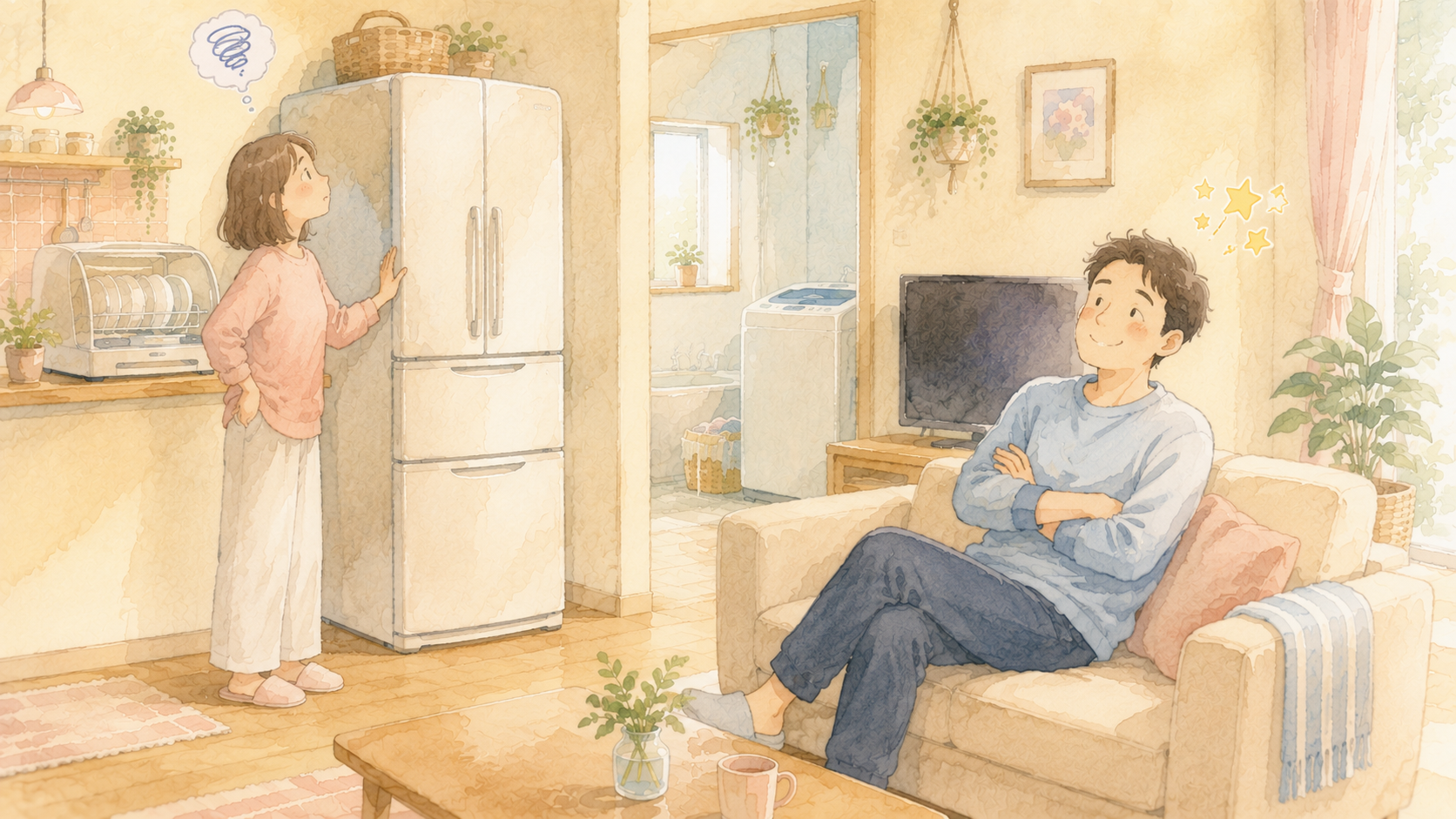 冷蔵庫の買い替えについて価値観が違う夫婦のイラスト