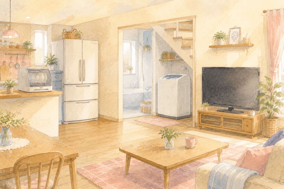 リビングとキッチンに並ぶ冷蔵庫・テレビ・洗濯機・食器乾燥機のイラスト