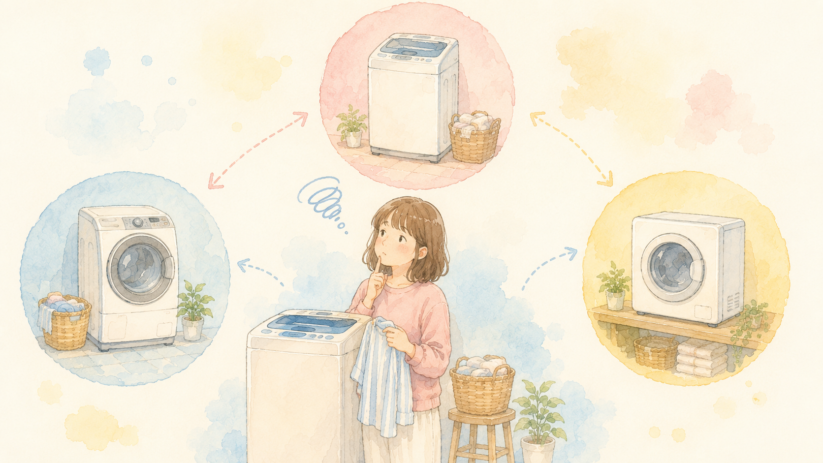 洗濯乾燥機の3つの選択肢で悩む女性のイラスト
