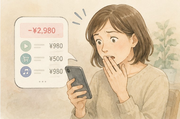 スマホの請求画面を見て驚いている女性のイラスト
