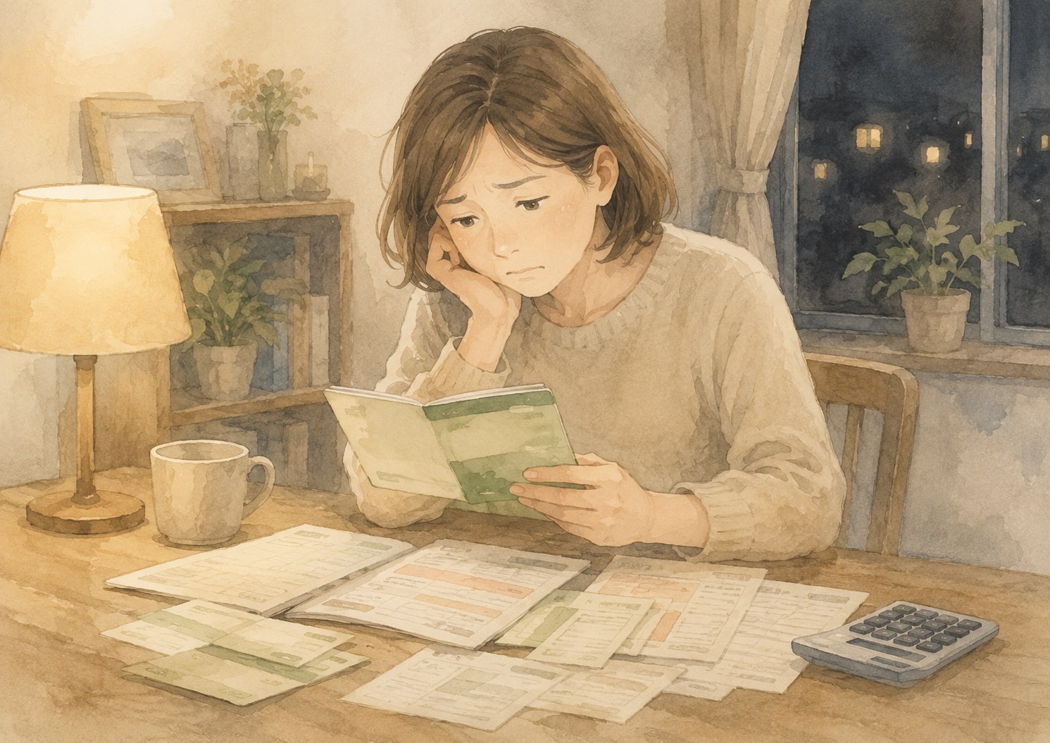 夜、通帳や明細を広げて眉をひそめる女性のイラスト