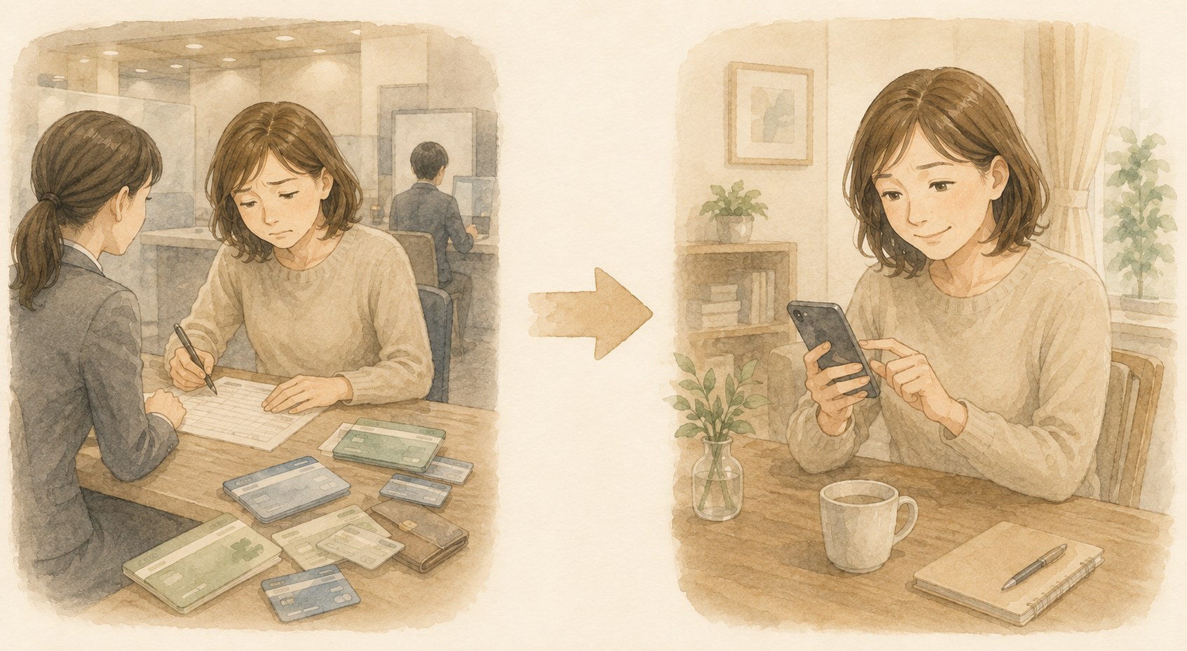 銀行の窓口で口座を解約する様子と、自宅でネット銀行に申し込む様子を比べたイラスト