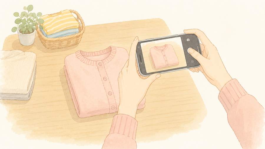 畳んだ服をスマートフォンで撮影し、メルカリに出品している様子のイラスト