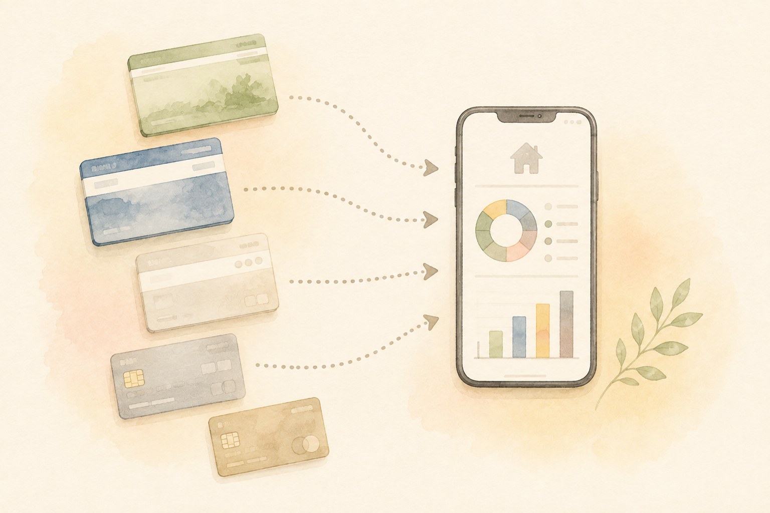 複数のカードや口座がMoney Forward MEのアプリに集約されていくイメージ図