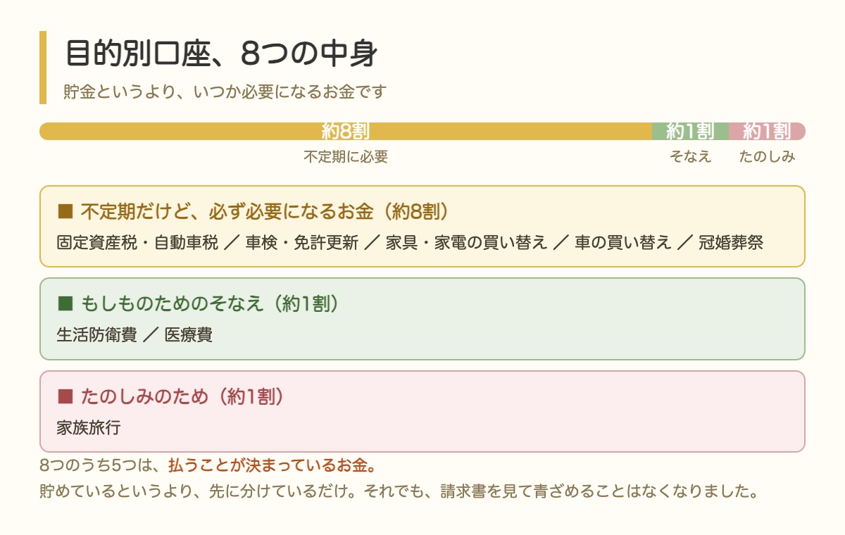 目的別口座8つの内訳。約8割が不定期だけど必ず必要になるお金