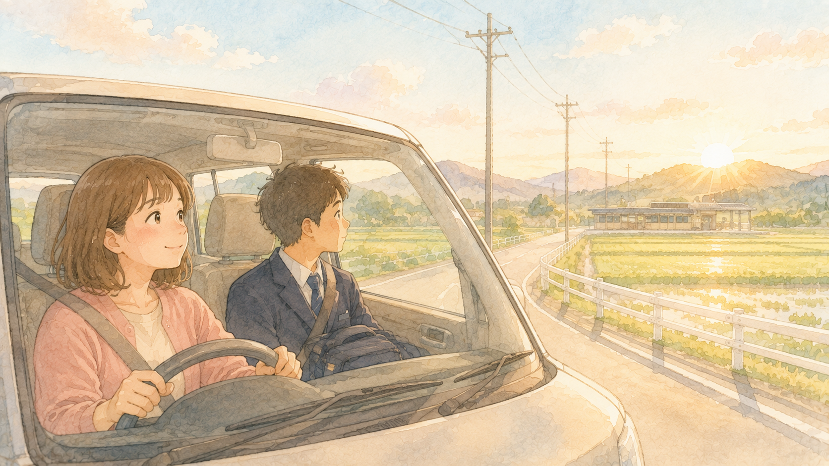 田舎の朝、車で駅まで子どもを送迎する様子のイラスト
