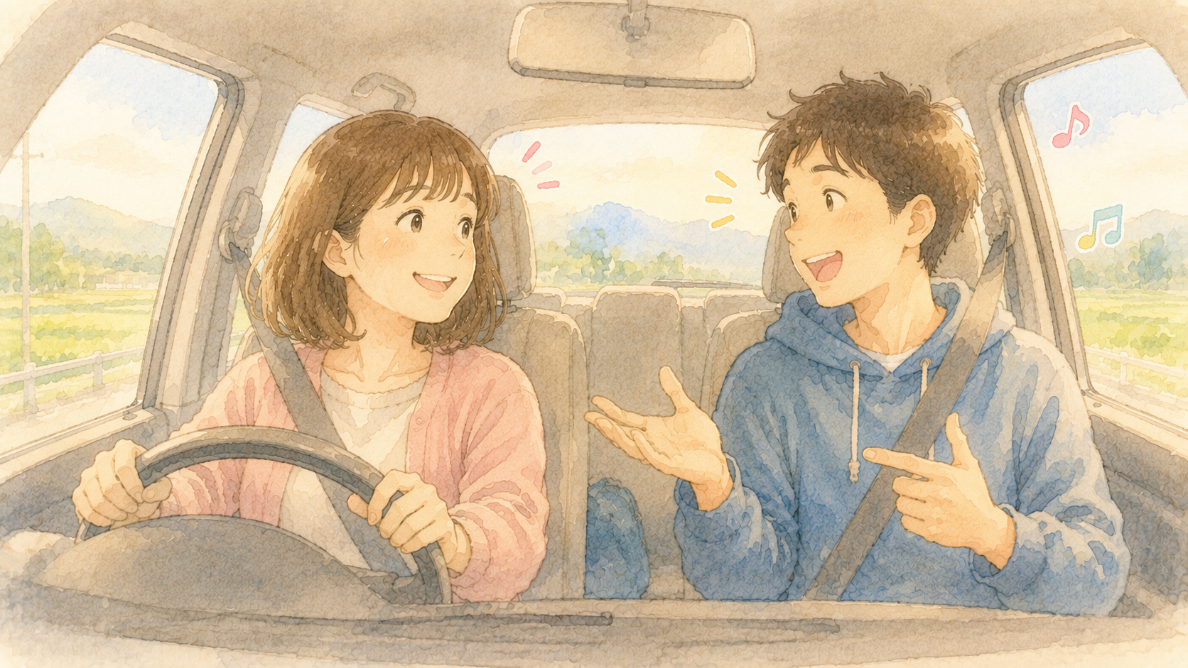 送迎中の車内で親子が楽しそうに会話しているイラスト