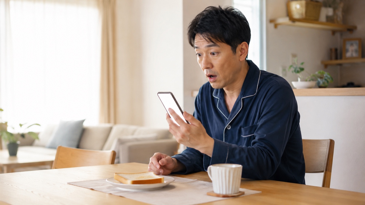 朝のダイニングでスマートフォンを見て「しまった」という表情で固まっている男性