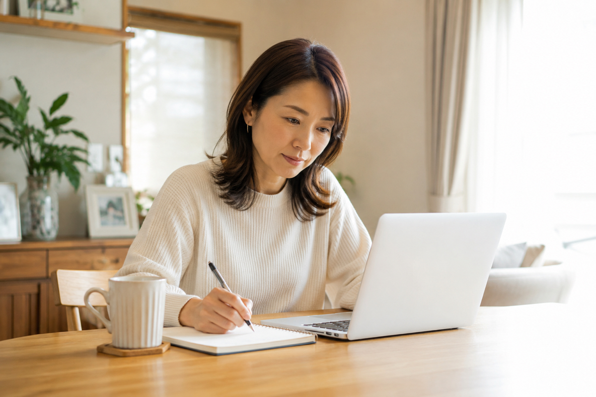 ノートパソコンを見ながらノートに書きとめている女性。返金できるか調べている