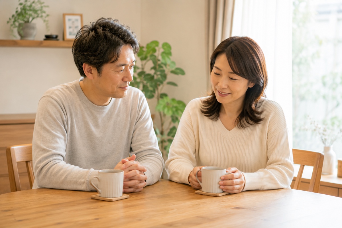 ダイニングで横並びに座り、おだやかに話している夫婦