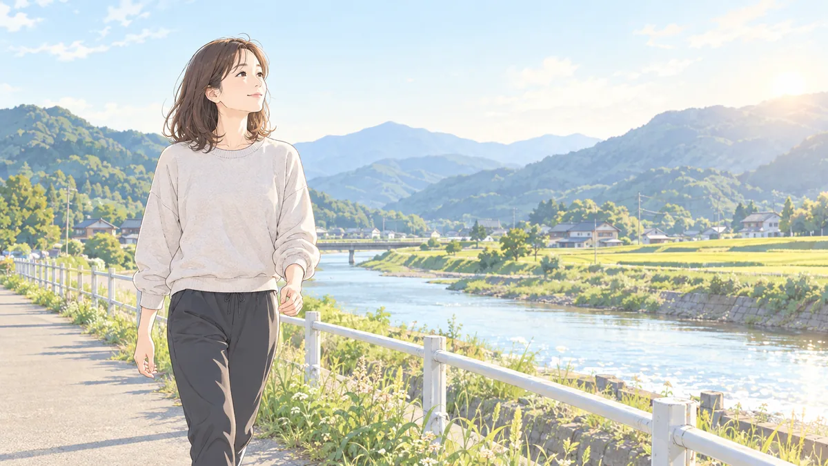 川沿いの田舎道を朝ゆっくり歩く40代の女性
