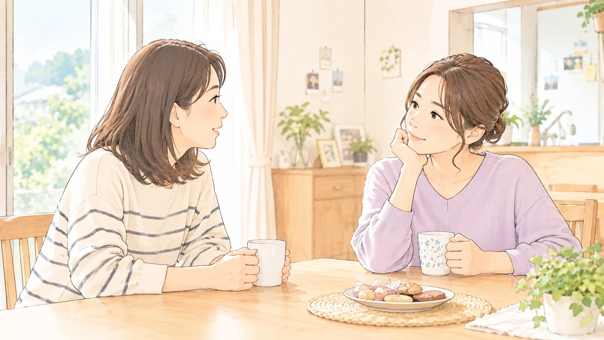 ダイニングでお茶を飲みながら話を聞いてもらう40代の女性2人