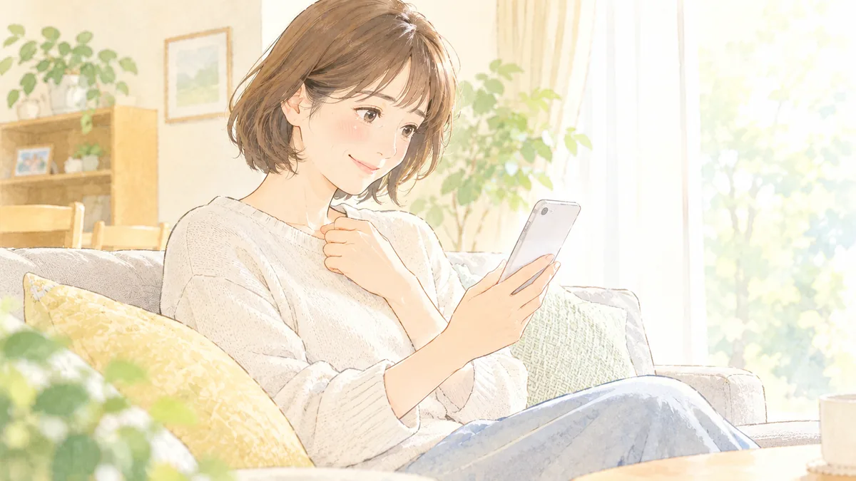 ソファでスマートフォンのメッセージを読み、ほっとして目がうるむ40代の女性