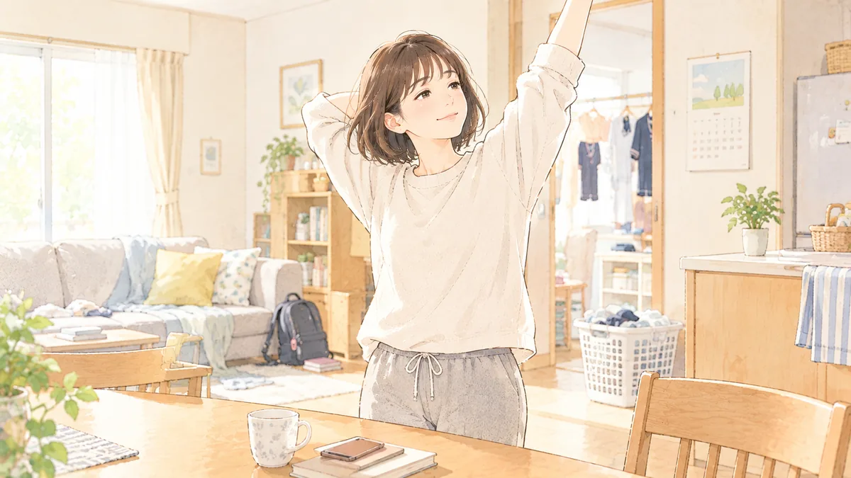 リビングで軽く伸びをする40代の女性