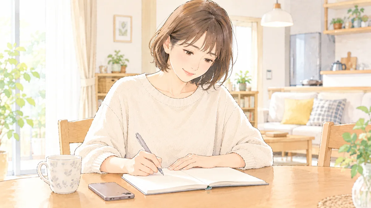 ダイニングテーブルでノートに書きとめながら気持ちを整理する40代の女性
