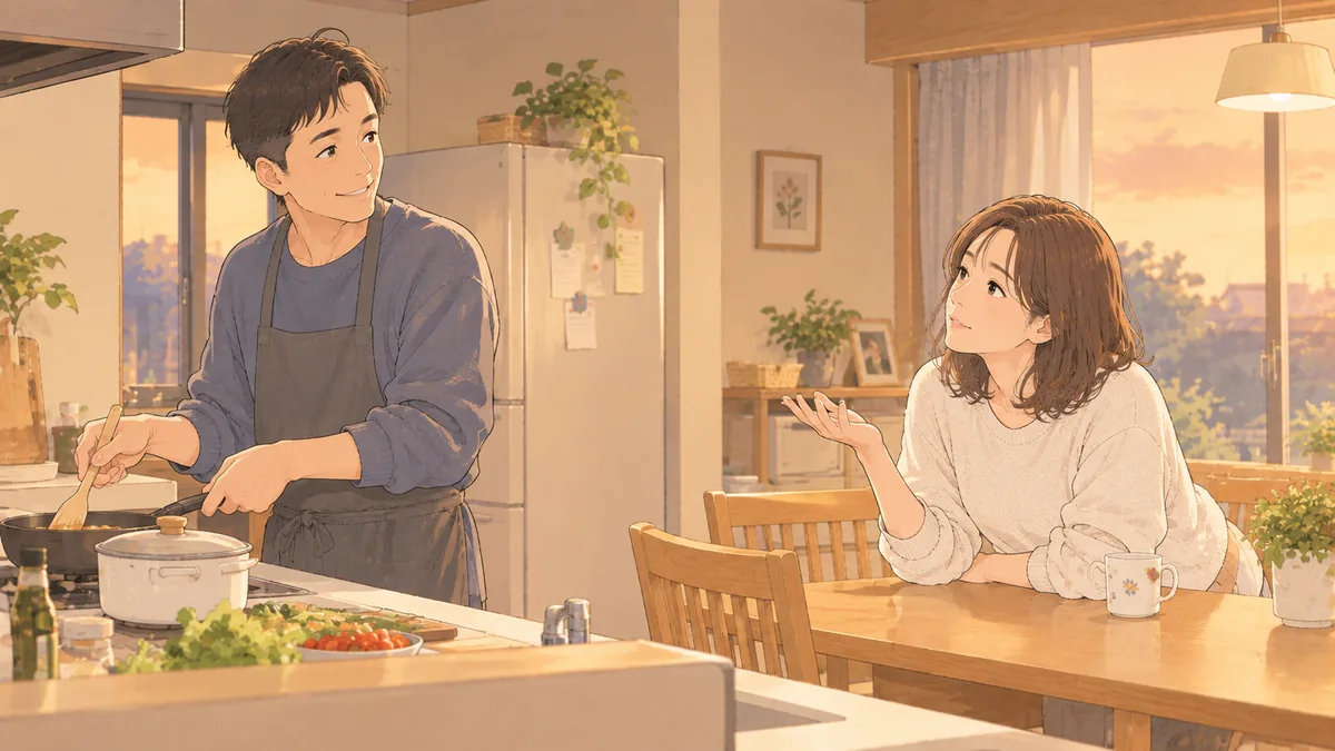 台所で料理をする夫に、ダイニングから話しかける40代の女性