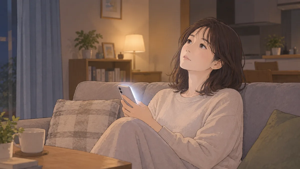 夜のリビングでスマホを持ったまま考え込む40代の女性