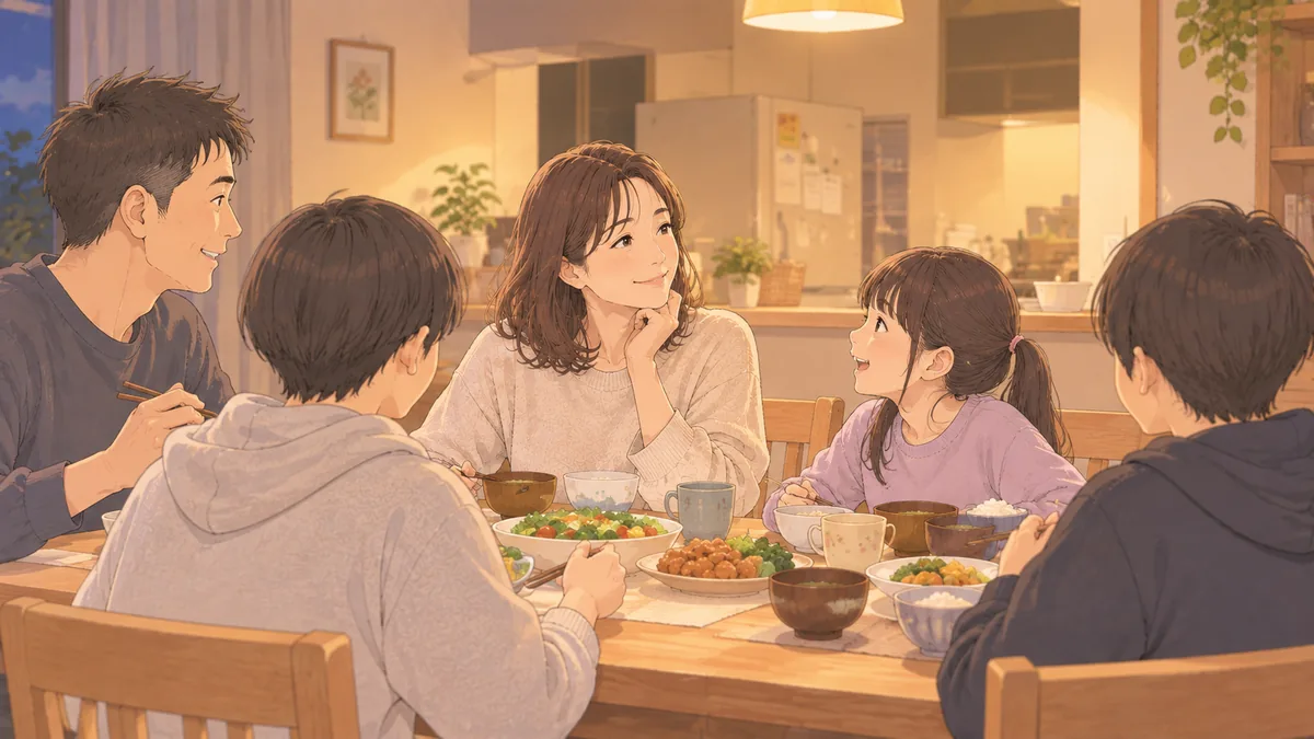夕方の食卓で家族と過ごす40代の女性