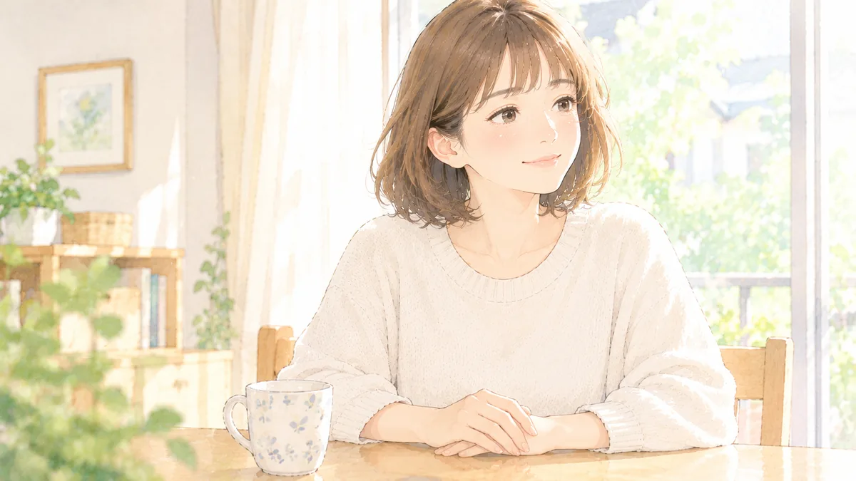 ダイニングで手を重ね、ほっとした表情を見せる40代の女性