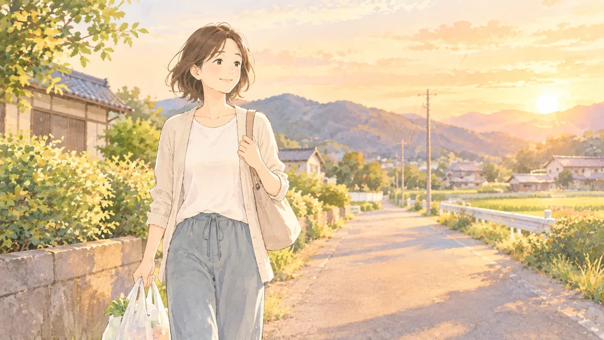 夕方の田舎道を買い物袋を提げて歩く40代の女性