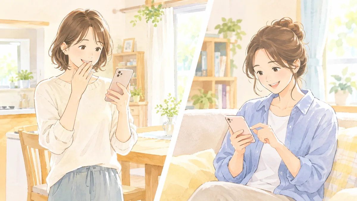 別々の場所でスマートフォンを見てやりとりする40代の女性2人