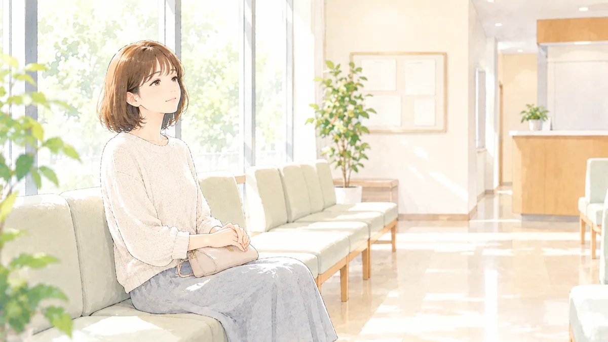 クリニックの待合室でひとり順番を待つ40代の女性