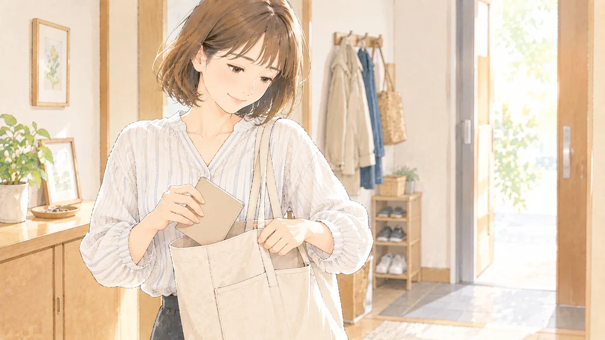 玄関で小さなノートをトートバッグに入れる40代の女性