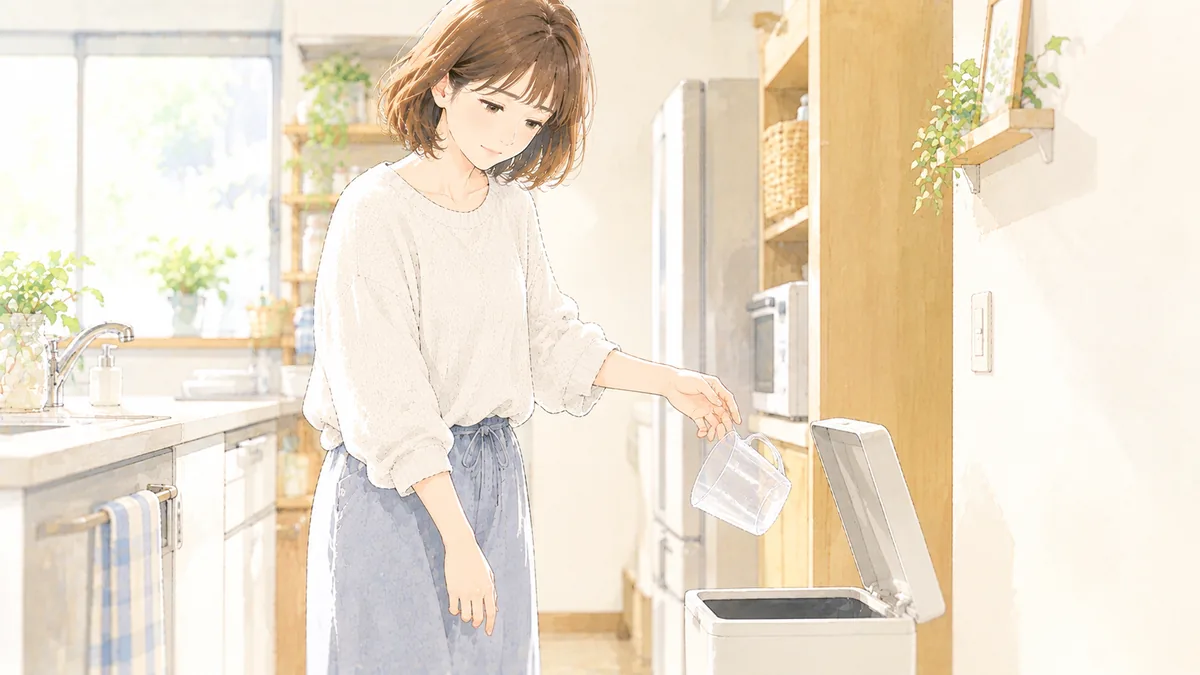 キッチンでゴミ箱に空の計量カップを捨てようとしている40代の女性