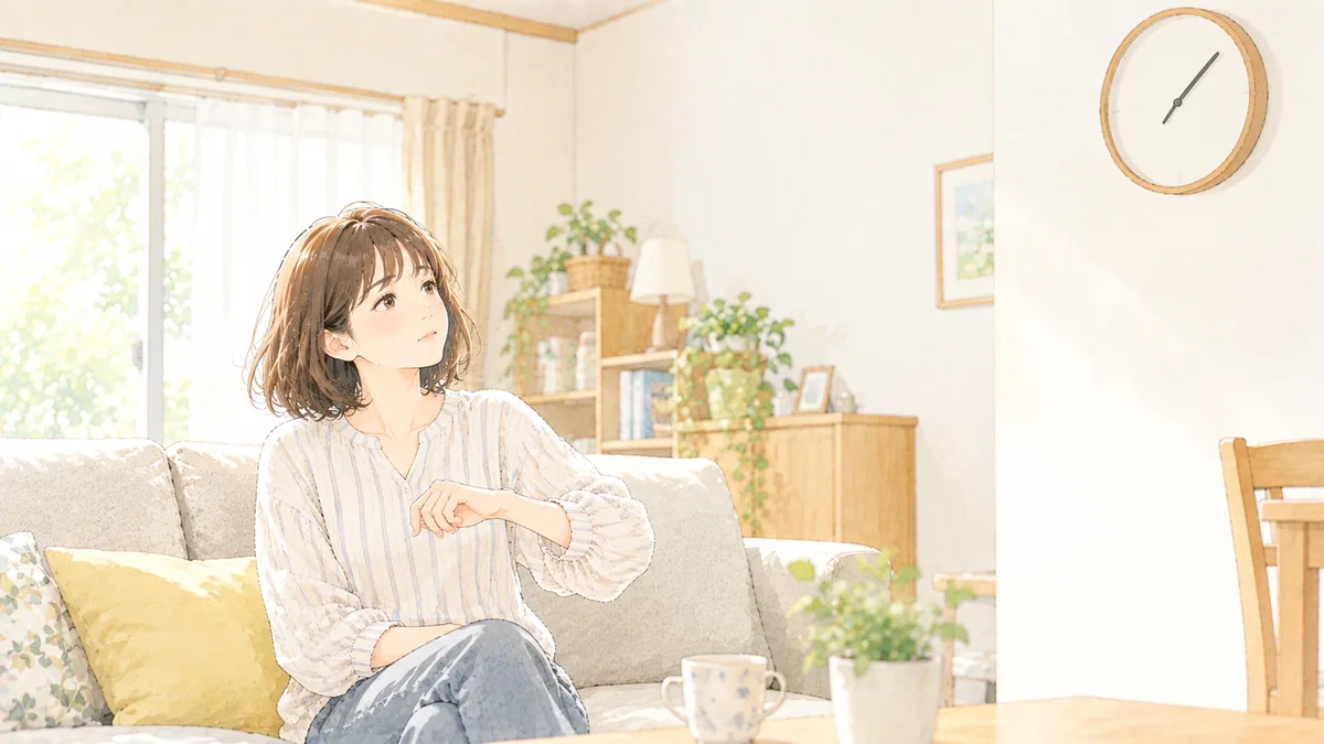 リビングのソファから壁の時計をちらっと見る40代の女性