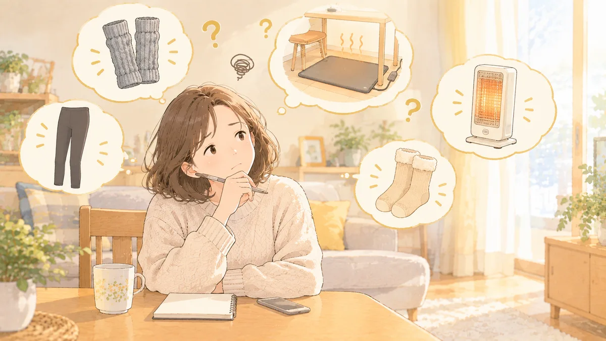 レッグウォーマーやデスクヒーターなど冬の足元グッズを何にするか迷っている女性
