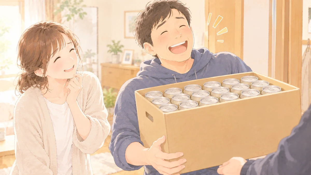 ビールのケースを受け取って大喜びする夫