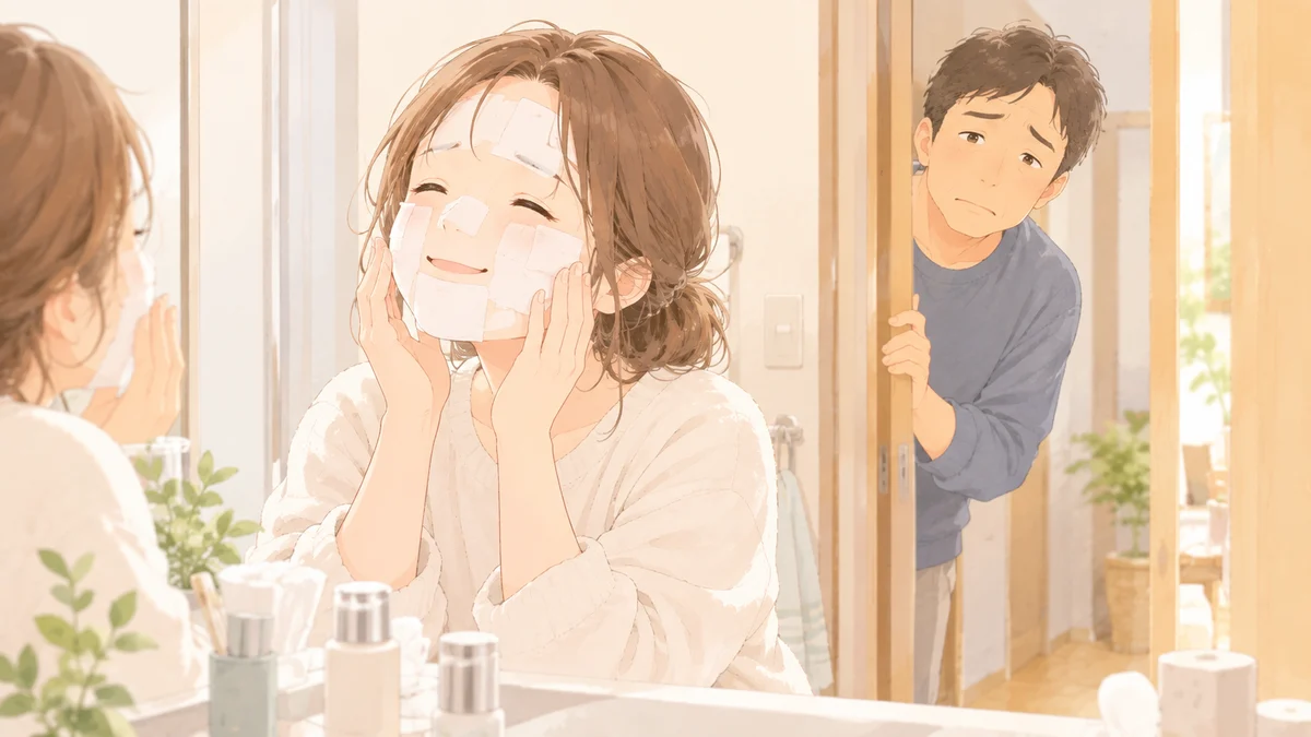 顔にコットンを貼る妻を、夫が心配そうにのぞいている様子