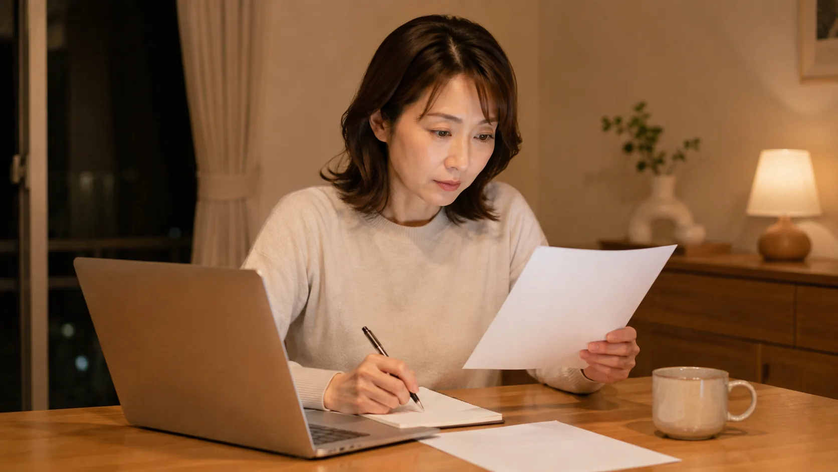 夜のダイニングでノートパソコンと書類を交互に見ながら、ペンでメモを取っている女性