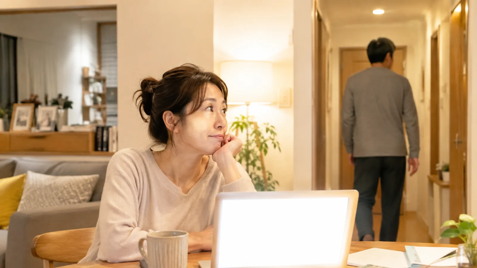 夜のリビング。廊下へ歩いていく男性の後ろ姿を、ノートパソコンの前に座ったまま見送っている女性
