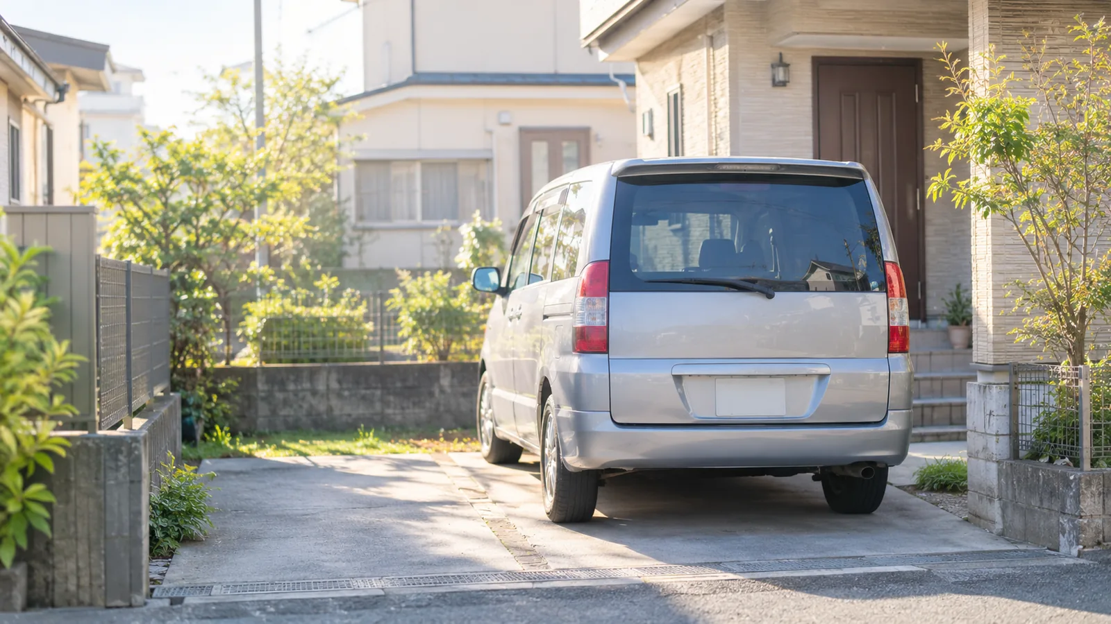 住宅の駐車スペースに後ろ向きで停まっている、何年か乗っている車。朝の光