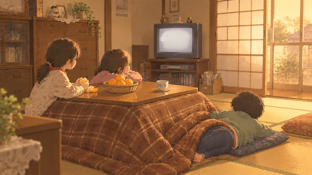 昭和の和室で子ども3人がこたつに入ってテレビを見ている、みかんの籠が置かれた冬の夕方