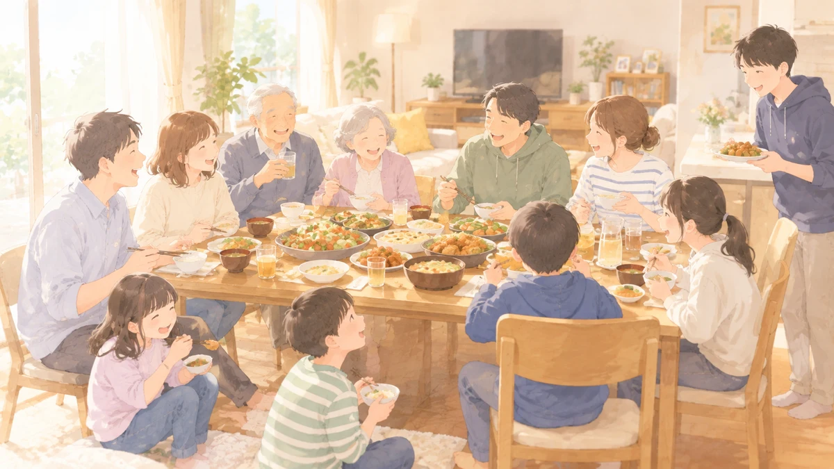 実家に大人数で集まって食事する様子