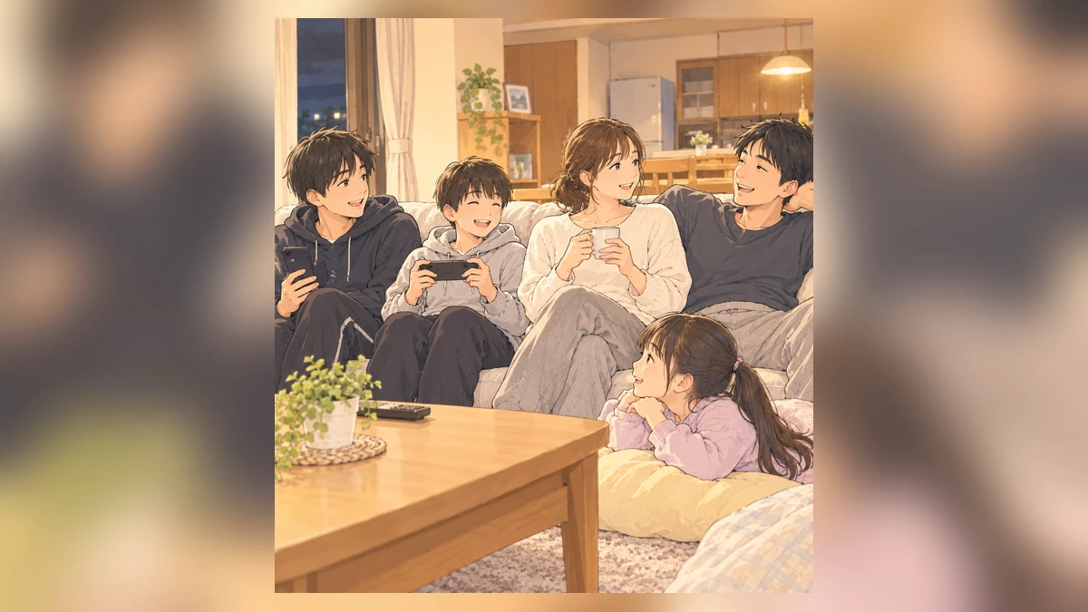 家族5人でくつろぐ様子