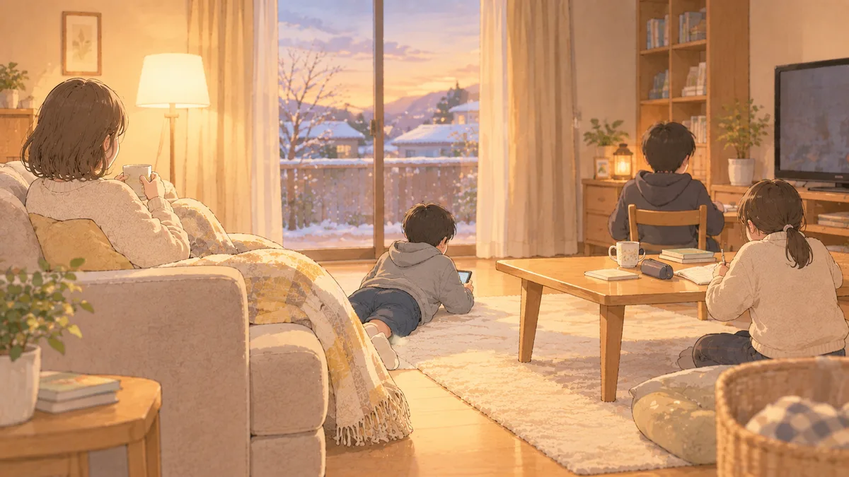 こたつのないリビングで家族がそれぞれの場所で過ごしている冬の夕方