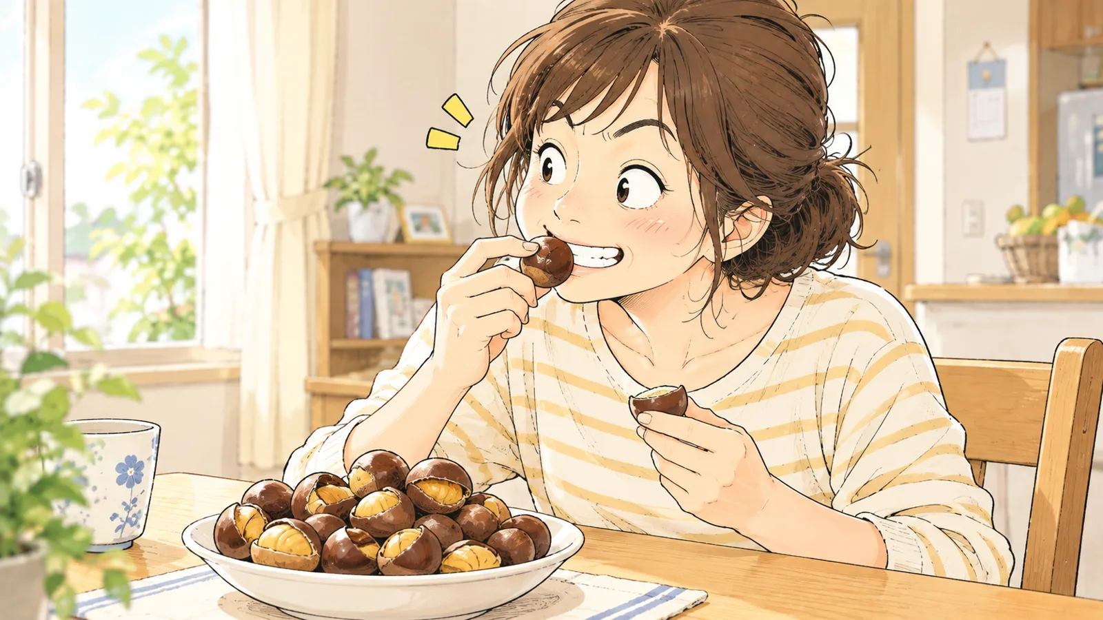 ゆでた栗を歯で噛み割ろうとしている女性のイラスト